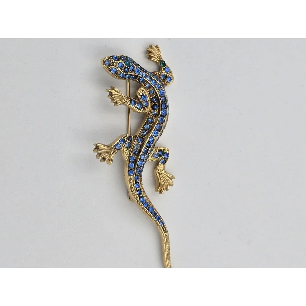 Vintage Gold Tone Blue Rhinestone Lizard Brooch Pin Animal Figural Jewelry‎